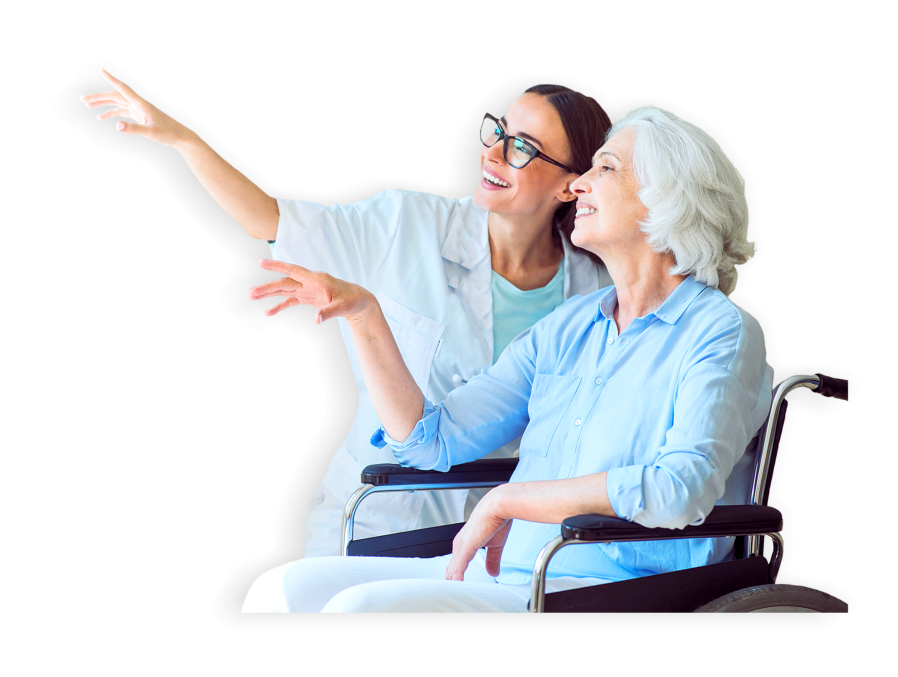 caregiver and senior woman on the wheelchair pointing an object